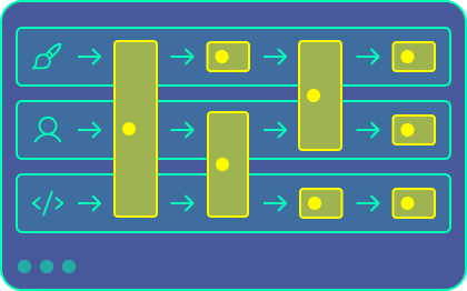Wireframe of a shared delivery system with handoff, gates and quality criteria before development.
